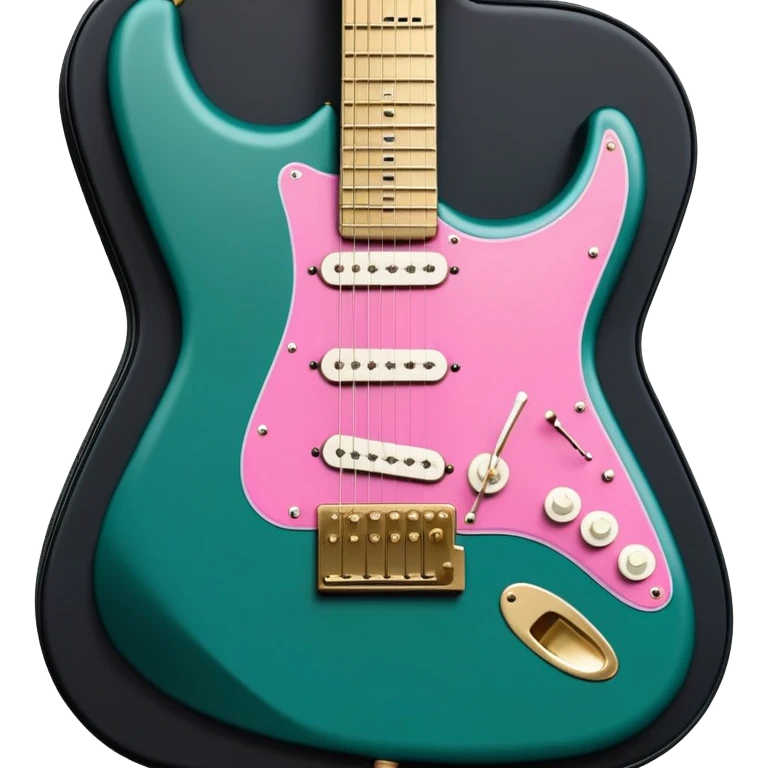 minimalist electric guitar in dark green with pink and blue stripe decal, closed inside a black rectangular hard case with gold latches, flat semi-3D style, soft matte textures, simplified details, stylized decal accent, alternate angle emoji