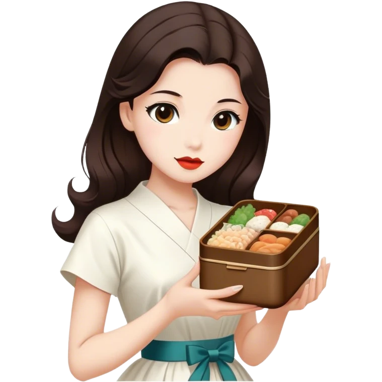 Beautiful woman in 1950’s woman fashion look, white dress, long dark brown hair, Japanese bento emoji
