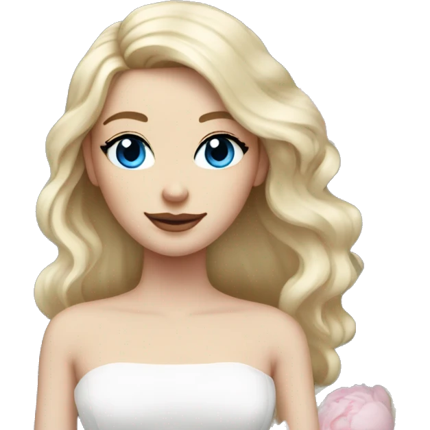 White bride with long light blonde hair and blue eyes with light pink peonies in hair white skin  emoji