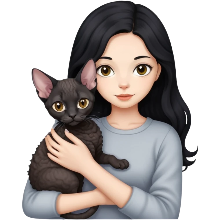 A girl with long black hair holding a Devon cat emoji