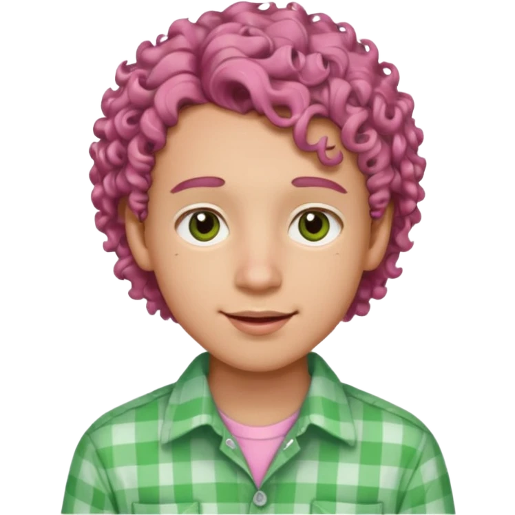 emoji of a young man with light skin, big brown eyes, soft smile with braces, full pink lips, curly hair, warm gaze, wearing a green and white buttoned-up shirt emoji