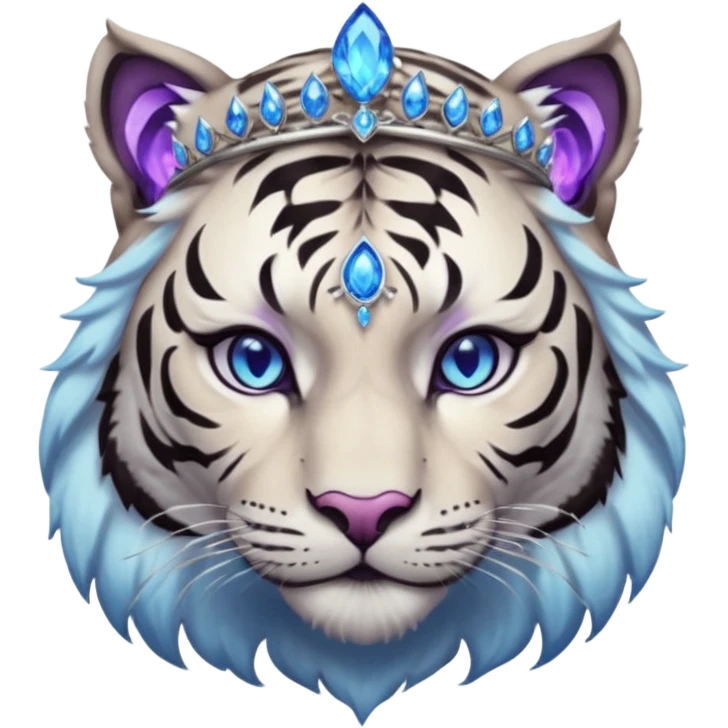 ESO Female white/black tiger khajiit leader of the umbral rose, glowing blue eyes, glowing blue 'third eye' gem; purple gemmed silver tiara emoji