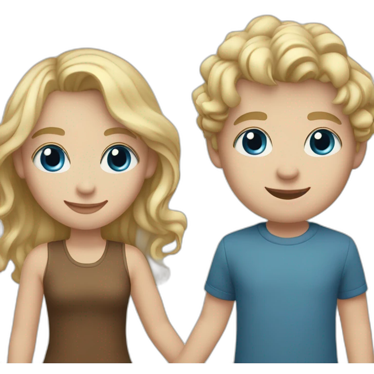 Girl with blonde wavy hair and blue eyes holding hands with blonde boy with white skin and brown eyes emoji