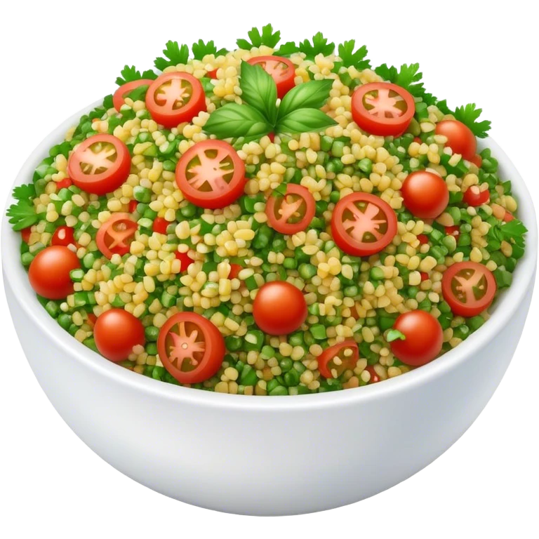 Cinematic Realistic Tabbouleh Salad Dish Emoji, showcasing a fresh herbaceous salad with bulgur, tomatoes, and parsley rendered with crisp textures and natural, vibrant lighting. emoji