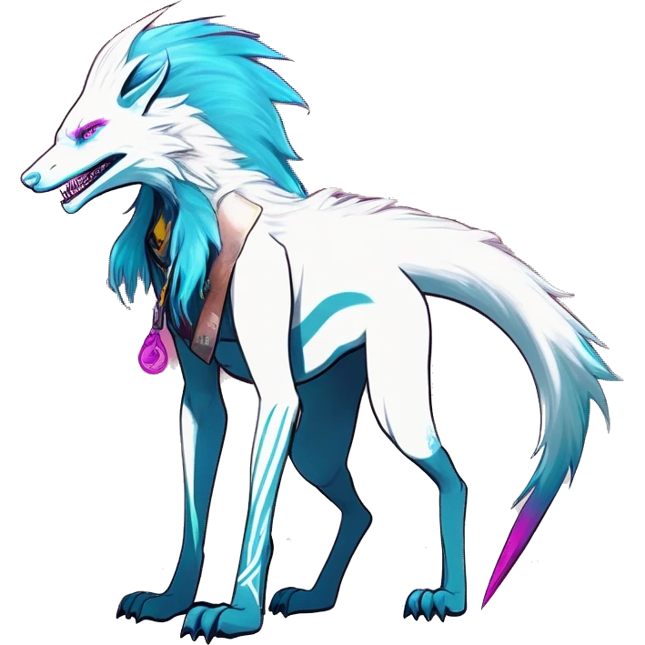White badass elegant wild beautiful natural cute badass epic anthro modern albino sergal-vernid-creature with cyan mane and magenta eyes with cyan edgy stripes, full body, blue pretty hair, outside, modern, aesthetic, art by LiLaiRa, art by art by Falvie emoji