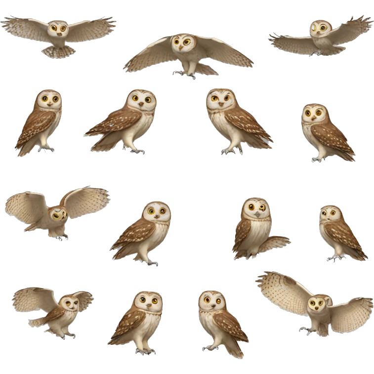 draw 10 identical owls but in different positions emoji