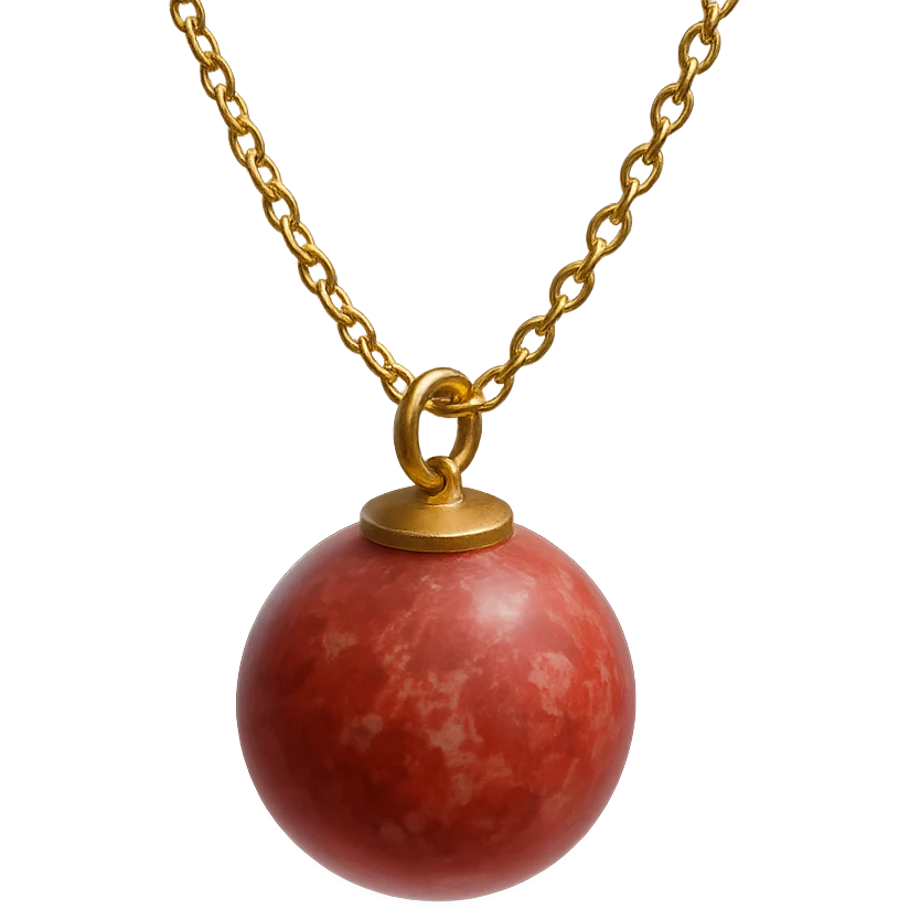 red ball granite pendant with marbled surface, floating in an ethereal glow, delicate gold chain emoji