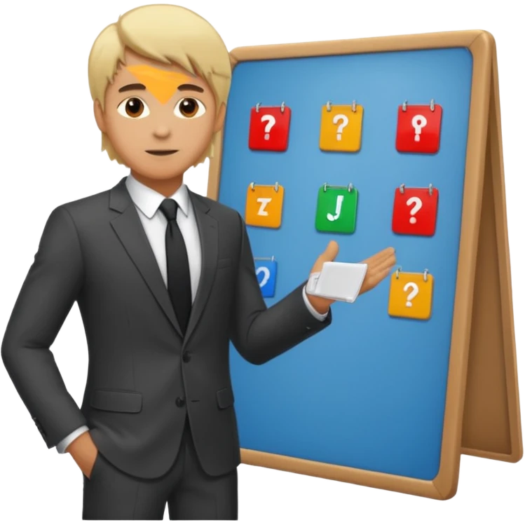 silhouette of a light-haired man standing next to a project board emoji