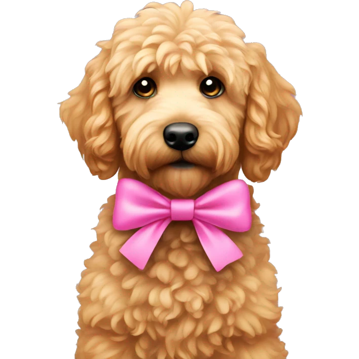 Mini golden doodle wearing a pink bow emoji