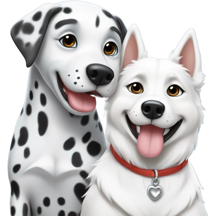 shibi style, dalmatian, white and grey siberian husky, in love emoji