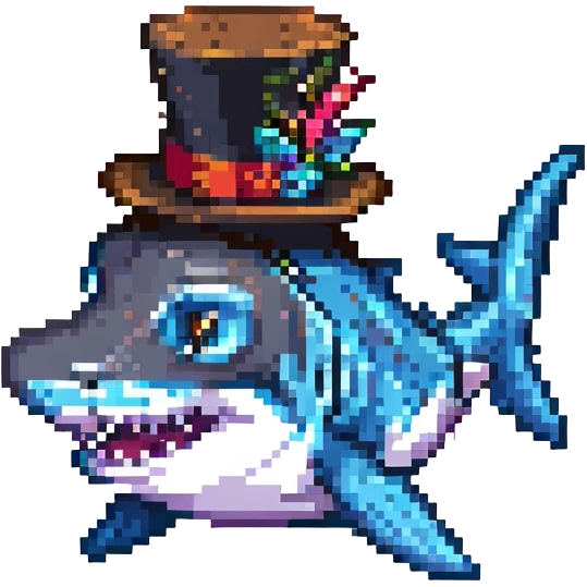 pixel art shark with a fancy tophat, simple background emoji