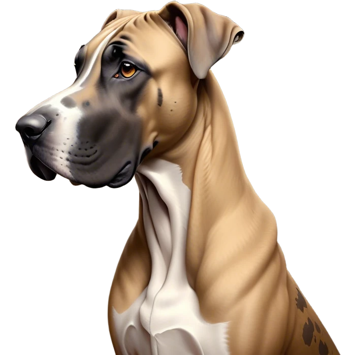 Cinematic Noble Fawn Great Dane Portrait Emoji, Poised and regal, with a towering, muscular build and a sleek, well-groomed solid fawn Fur accented by subtle dark markings, deep-set soulful amber eyes, Simplified yet sharp and sophisticated features, highly detailed, glowing with a soft, dignified glow, high shine, intelligent and gentle, stylized with an air of majesty, focused and attentive, soft glowing outline, capturing the essence of a watchful and confident guardian, so majestic it feels as though it could stride out of the screen with effortless authority! emoji