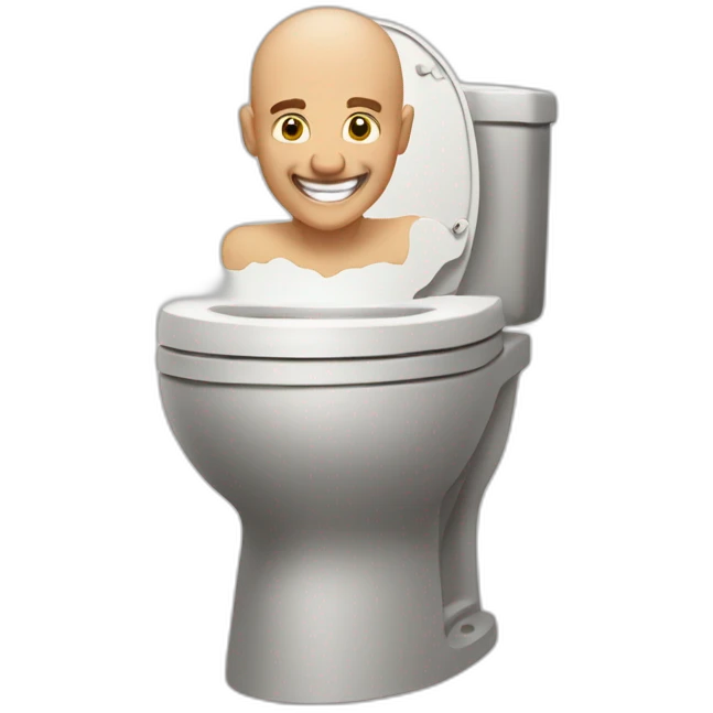 a man popping out of the toilet hole, the man has a shaved head and smiling emoji
