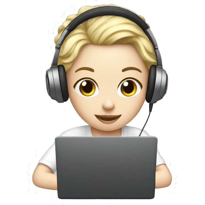 A white skinned person editing videos on laptop with headphones emoji