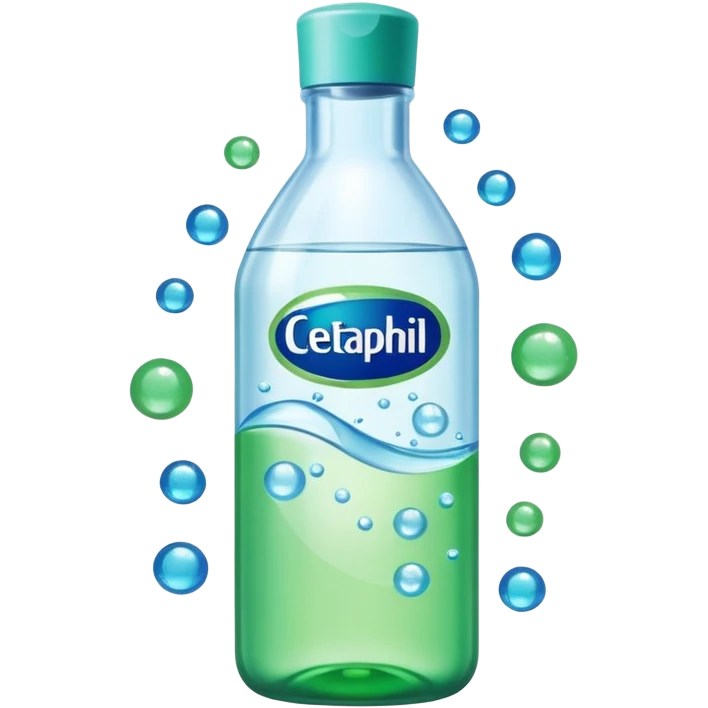 Cetaphil white bottle with light green flip cap and blue-green label, glowing softly. Surrounded by tiny light orbs and silky sparkles flowing like hydration waves. Feels like a gentle skin shield potion in a glossy, minimalist flask. emoji