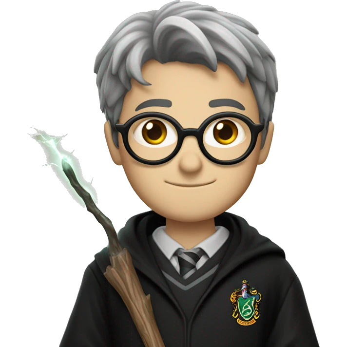 Harry Potter with lightning scar and glasses and hogwarts outfit and his wand emoji