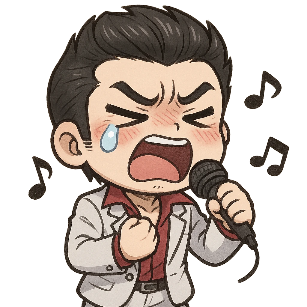 chibi Kiryu, big head, tiny body, singing with passion, eyes squeezed shut, mouth open, dramatic tear, blushed cheeks, fist at chest, holding microphone, music notes, white suit, red shirt, slicked-back hair, cute and comedic, chibi style emoji