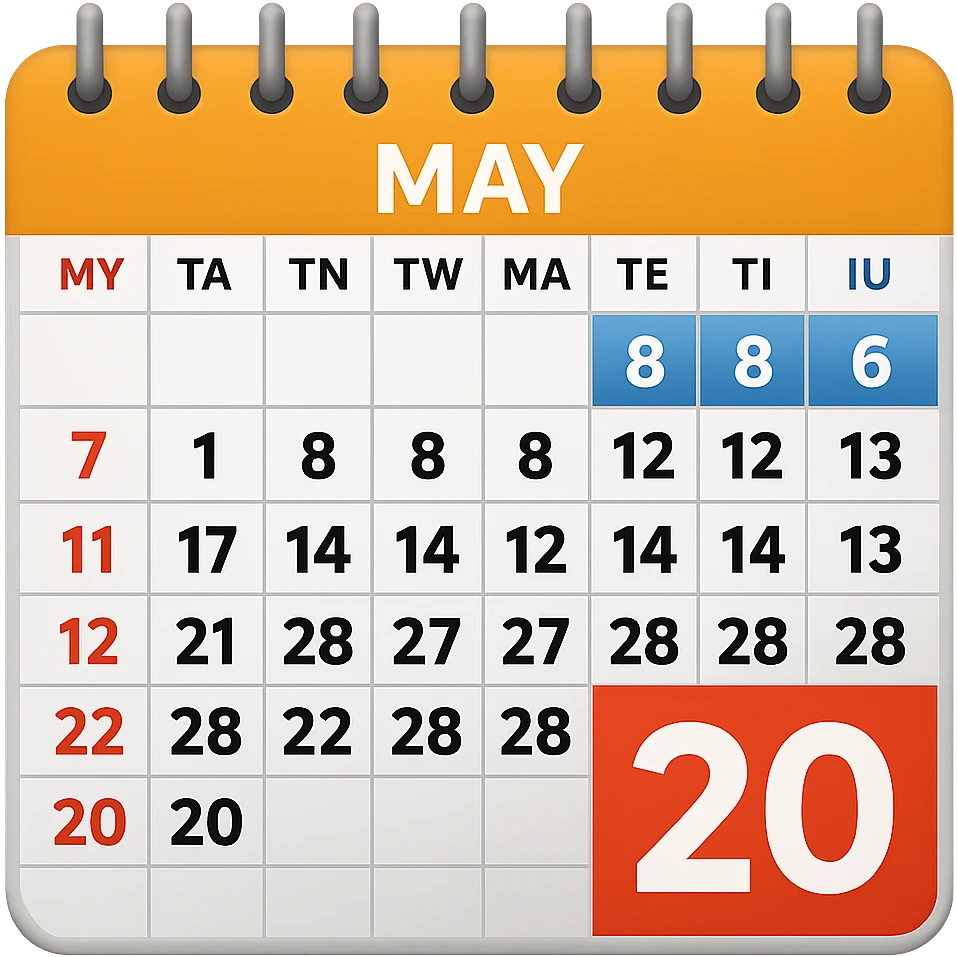 Edit the image to change the text 'May2' to 'May' and enlarge the number '20'. The style is emoji style, so keep the emoji look and feel. Remove the background so the subject is isolated. emoji