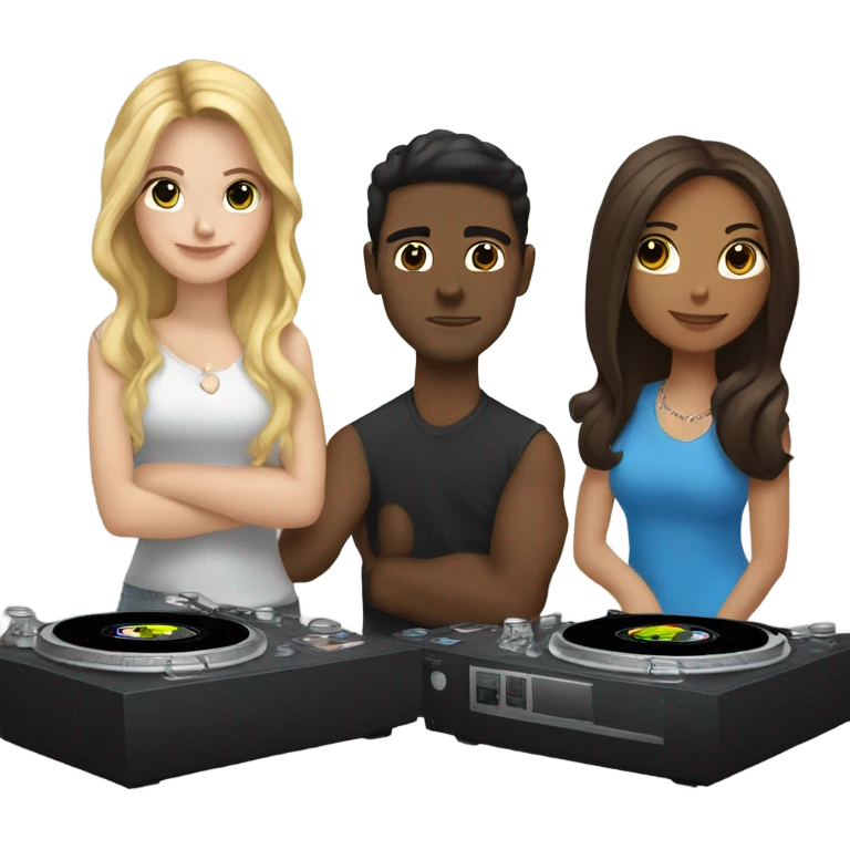 3 people: a white girl with dark hair, a brown girl, and a white guy behind DJ turntables together emoji
