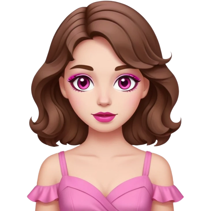 cô gái da trắng tóc nâu gợn sóng mặt V-line với make-up tone hồng mặc áo đầm màu hồng emoji