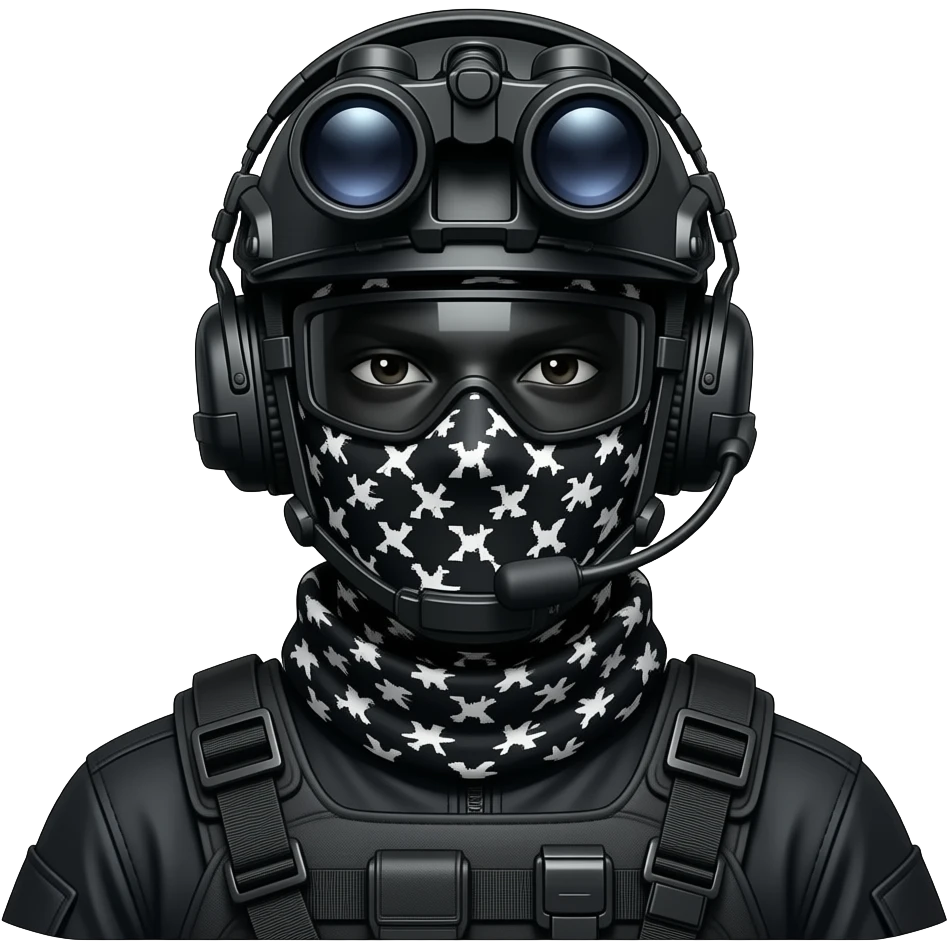 man wearing a black special tactics medical force outfit and a black COMBAT BOOTS PLATEface total painted black and a black and white patterned balaclava and wears a headset and a big black night vision device on his headtop with a helmet and a mask emoji