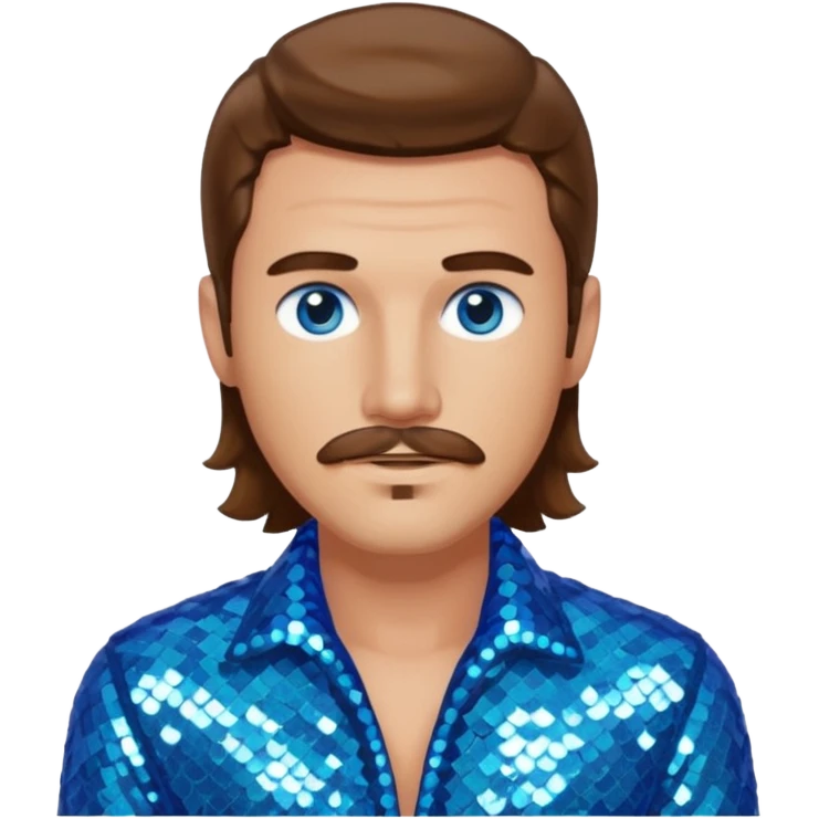 Benson Boone (b.2002), Pop Singer with blue eyes, brown long hair and thin mustache, icy blue sequin outfit emoji