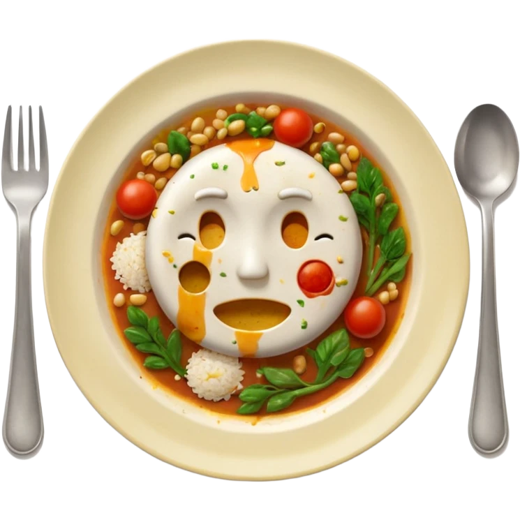 3D emoji of a dirty plate after eating, leftover food scraps, vegetable pieces, rice grains, sauce stains on the plate, fork and spoon placed beside the plate, no face, no character, no human features, realistic food leftovers, clean and simple background, soft lighting, high quality, emoji style emoji