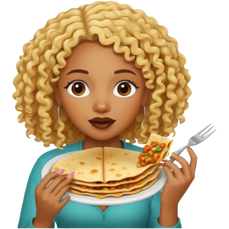 mujer con pelo rubio rizado comiendo quesadillas quemadas.negraa emoji