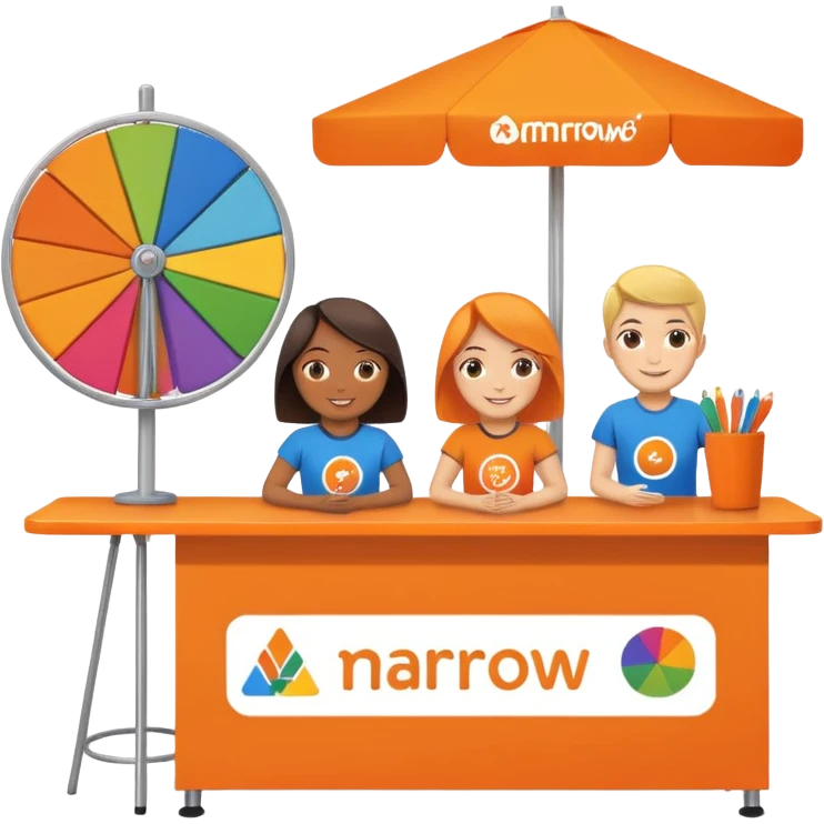 emoji of a recruitment booth. Two cartoon figures stand behind an orange table with 'MARROW, be a match' branding, a colorful spinning wheel, and a branded vertical banner. Simplified and cute. No fruit emoji
