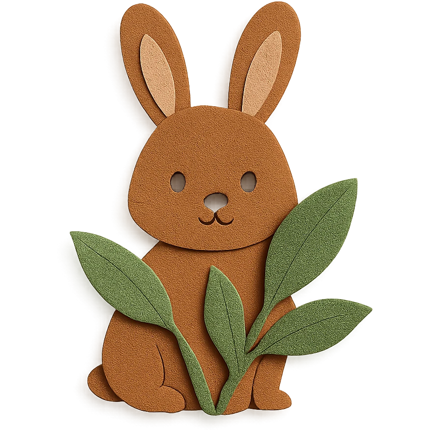 full-body cinnamon bunny peeking behind a plant, paper-craft style, ears symmetrical and matching emoji