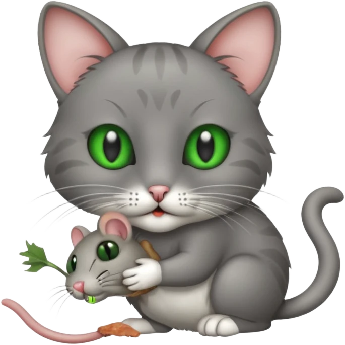 A cat holding a gray dead mouse in its mouth emoji