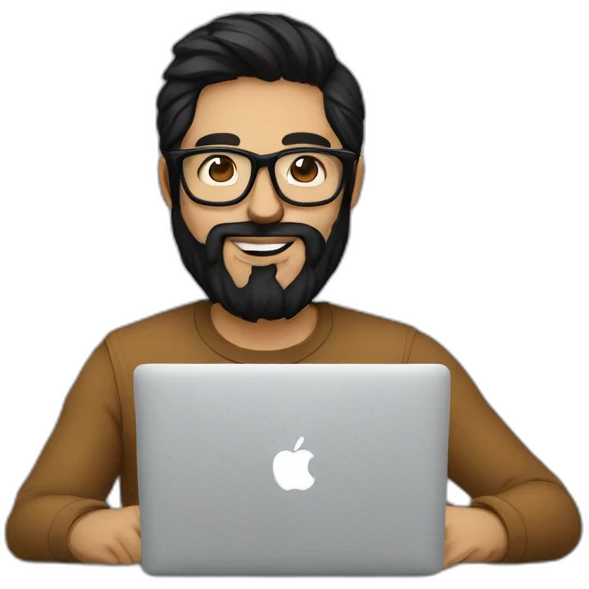 Designer with black hair, beard and glasses working with MacBook and drinking cappuccino  emoji
