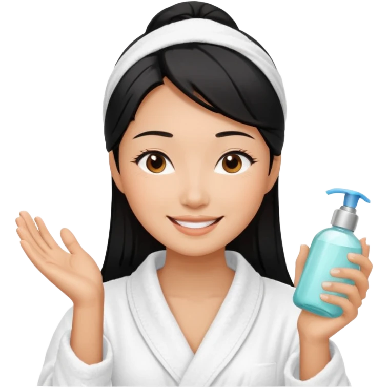 A black-haired East Asian woman smiling with a satisfied, relaxed expression. She is wearing a bathrobe, in the middle of her skincare routine, and her skin looks radiant. emoji