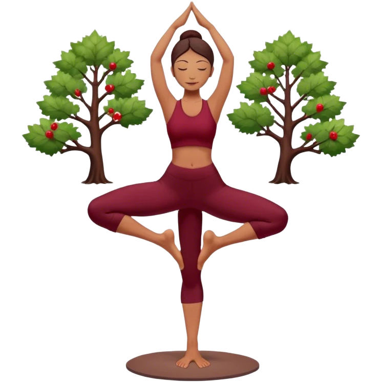 A serene woman practicing the Tree Pose (Vrksasana), embodying stability with dark wine red clothes emoji