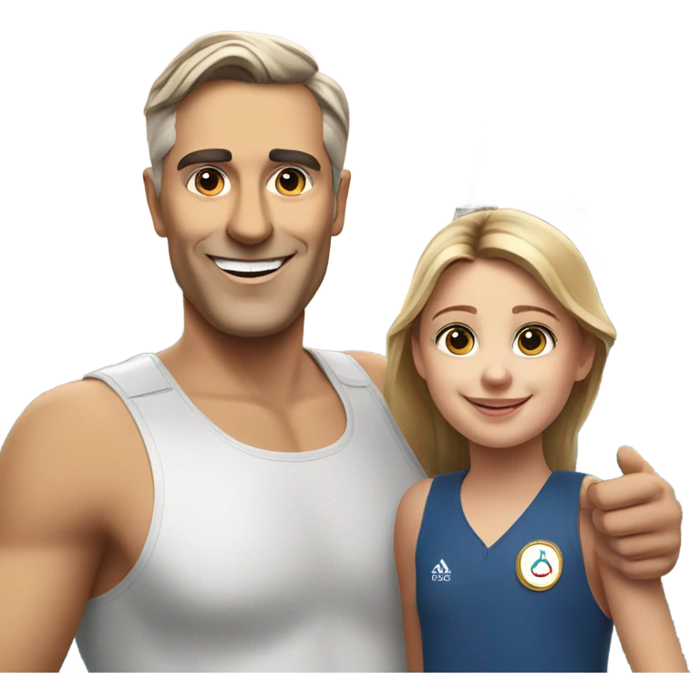 Smiling dad and daughter in front of Eiffel Tower Olympic rings emoji