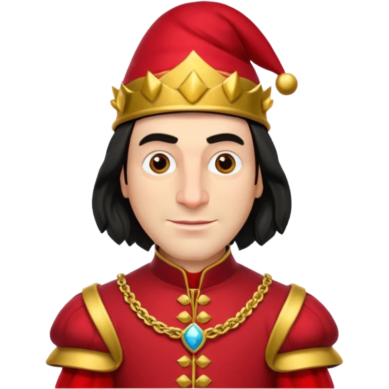 lord farquad avec un chapeau rouge plat sur le dessus, il a un vêtement rouge avec des manches bouffantes rouge et dorée emoji