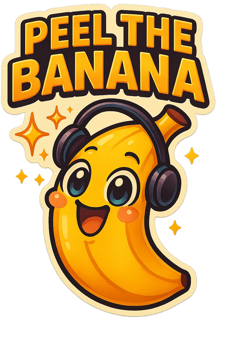 Funny cartoon banana, big happy smiling face, wearing tiny headphones, wide excited eyes, tiny sparkles around, text above: "NE BANANA", chibi style, Twitch emoji style, colorful, transparent background emoji