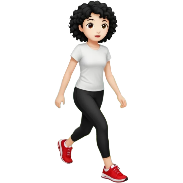 generate a pretty bratz fair skinned girl with curly black hair wearing a white tshirt trekking on a hill with red sneakers on and black leggings. Show HILLS around her emoji