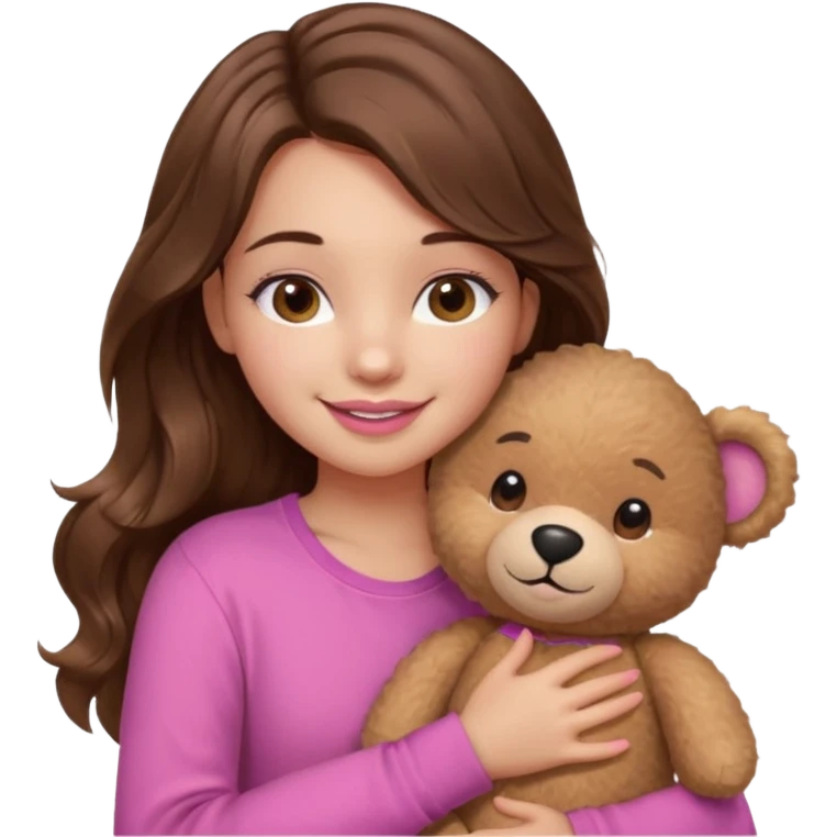 girl with long wavy brown hair, brown eyes, light to medium complexion, in a pink shirt, pink lips, long lashes, smiling, hugging a teddybear emoji