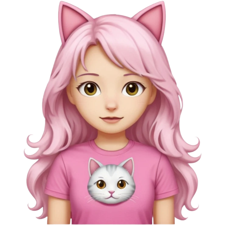 girl with long wavy white hair and cat ears wearing pink tshirt emoji