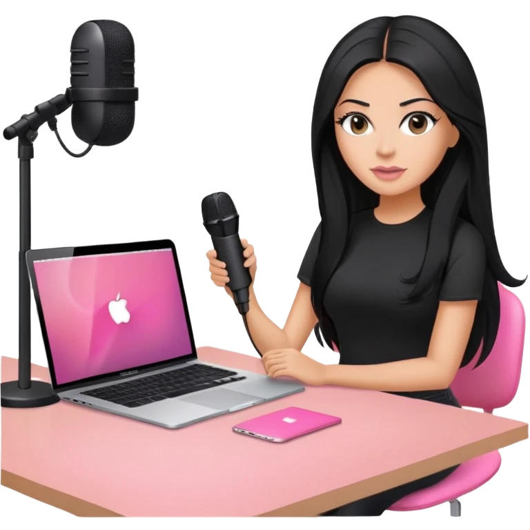 tanned long black hair woman, sat at desk with pink MacBook, podcast microphone black top and pink, sexy, glas table emoji