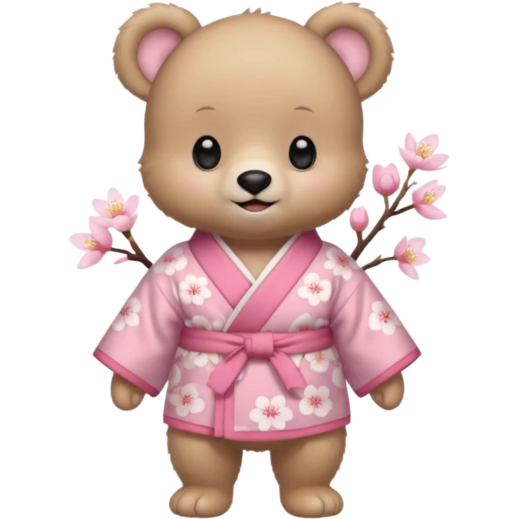 A cute baby bear character in pastel style, standing upright like a human. 
Light brown soft fur, large round ears, rounded paws and feet. 
Big cute black dot eyes, medium blush cheeks, and a tiny smiling mouth. 
Wearing a pink kimono with soft cherry blossom patterns on the sleeves and bottom,  emoji