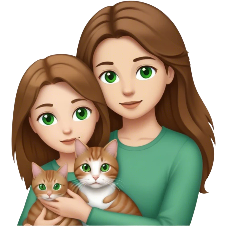 white couple with brown hair, woman has long hair and green eyes .they’re holding a tabby cat  emoji