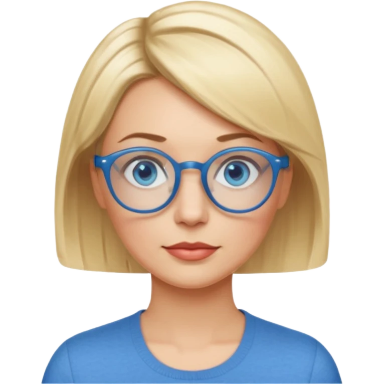 femme 40 ans cheveux très courts blond avec raie sur le coté, yeux bleu et lunettes rondes bleues emoji