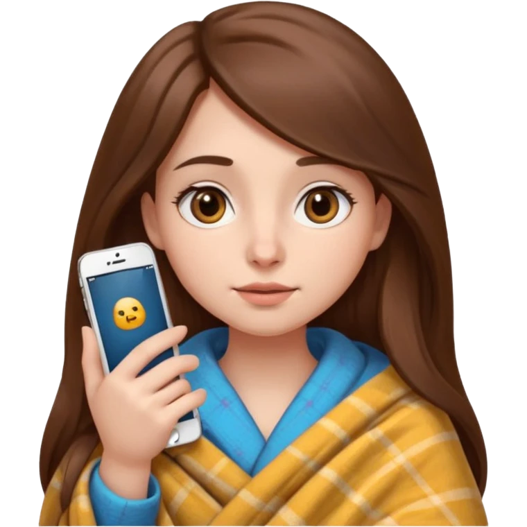 создай девушку с телефоном в руках (айфон) в стиле Emoji  iOS. 
У девушки длинные коричневые волосы, карие глаза, она сама светлая кожа, без макияжа, у неё большие глаза, нос с малекой горбмнкой и немного пухлые губы, над верхней губой родинка, сидидит укутавшись в плед emoji