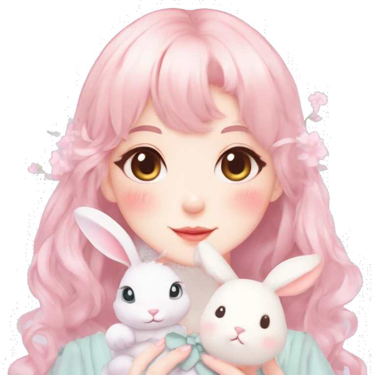 Gorgeous pastel anime style lady with blushing face and a bunny in her hands cottagecore fairycore pastelcore colorful pearly romantic simplistic aesthetic trending style emoji