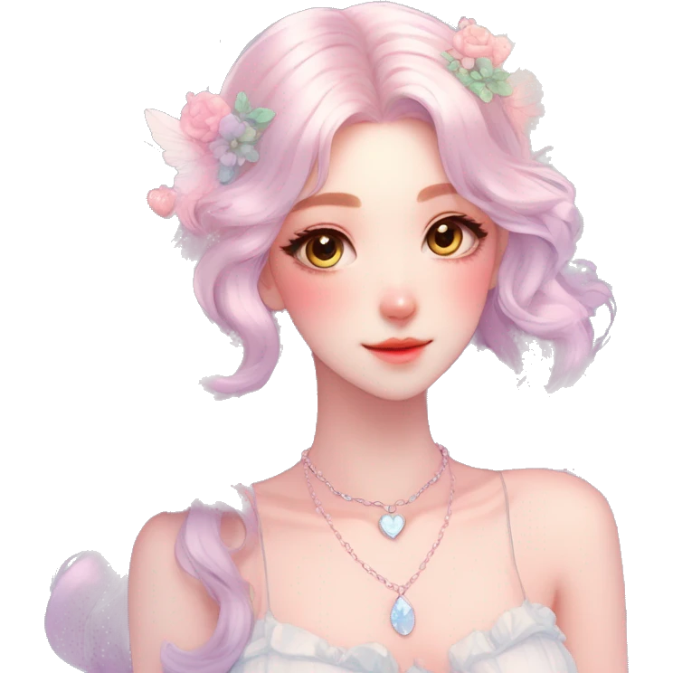 Gorgeous pastel anime style lady with blushing face and angel wings necklace cottagecore fairycore pastelcore colorful pearly romantic simplistic aesthetic trending style emoji