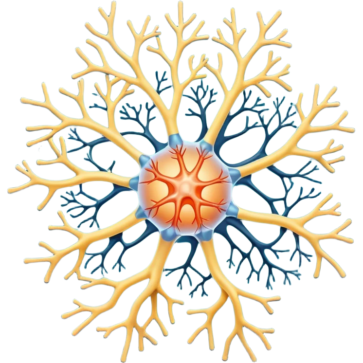 A scientificallu accurate nerve cell with the 3 main components, dendrites, axon and cell body. emoji