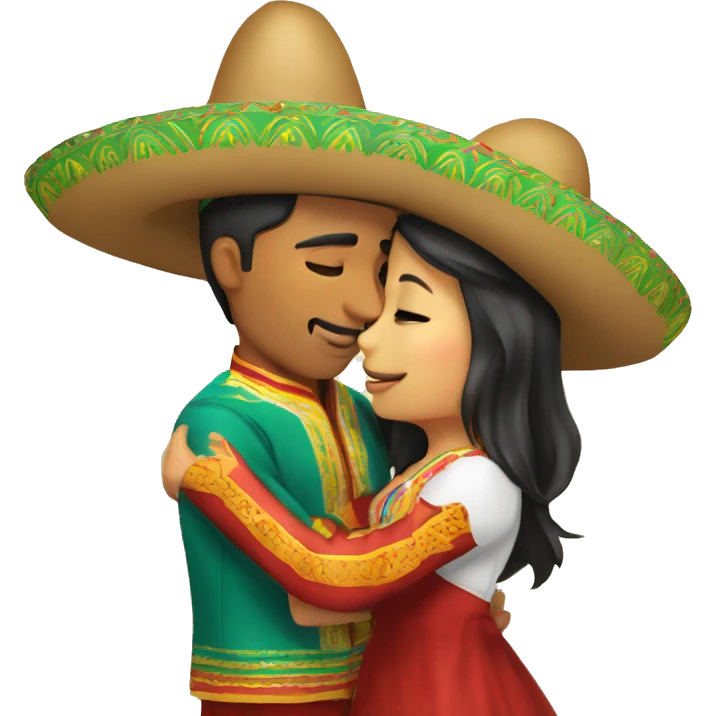 mexican man with sombrero kissing asian girl with traditional wear on emoji