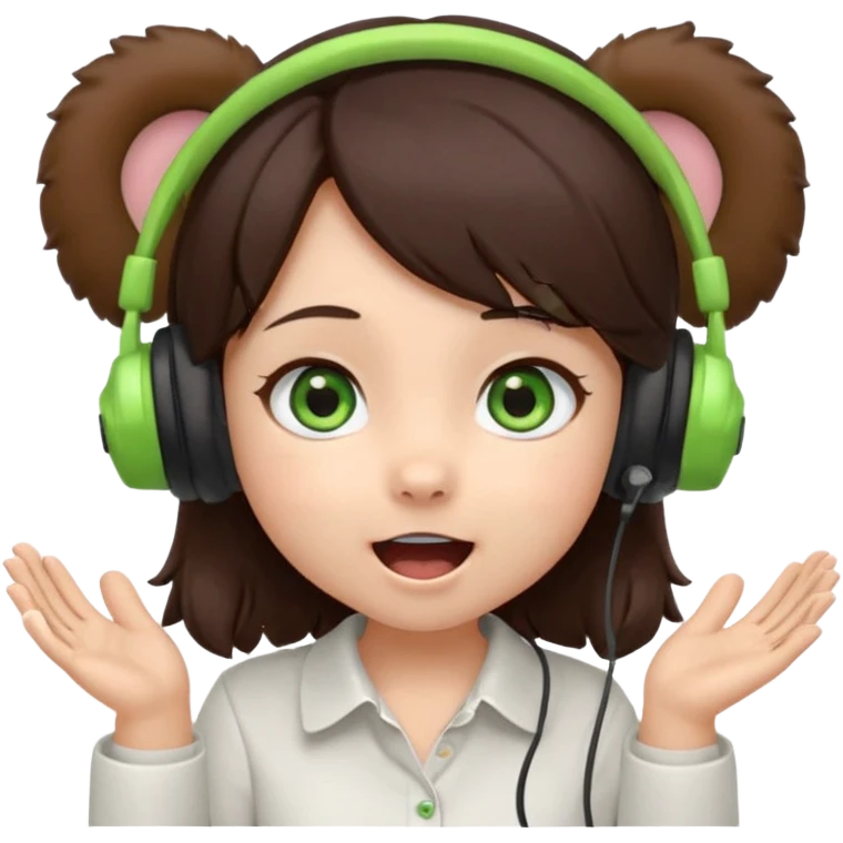 Chibi girl, dark brown hair, green eyes, wearing a white shirt and small brown bear ears on a headset, with wide happy surprised eyes and mouth and clapping excitedly emoji